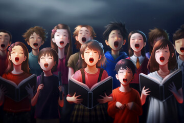 A group of choir singers. Illustration. Music.	