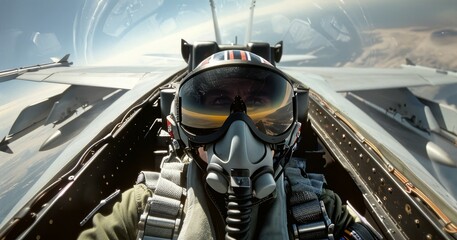 Pilot inside a fighter jet cockpit with a clear blue sky background, showcasing modern aviation technology and the thrill of flight.