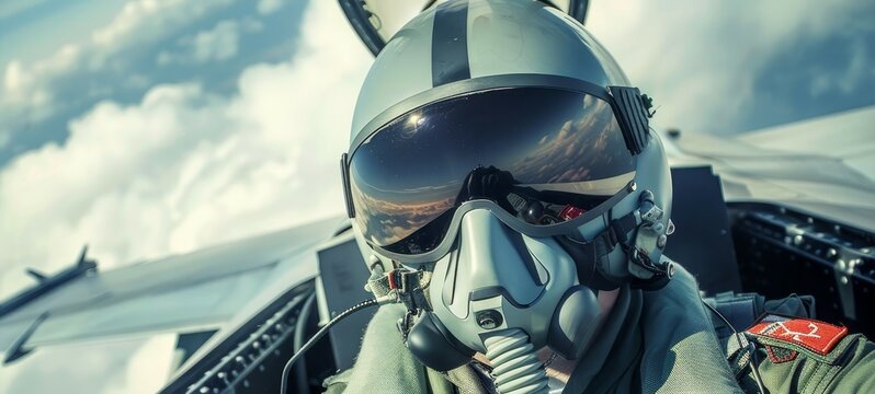 Pilot wearing helmet and oxygen mask flying a fighter jet in clear skies, reflecting the clouds and cockpit control panel.