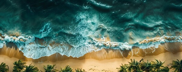 Dramatic Overhead Shot of a Tropical Beach. Crashing Waves and Golden Sands Background.