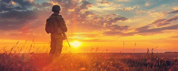 Silhouette of a soldier standing in a field during a beautiful sunset, reflecting themes of duty, courage, and the serene beauty of nature.