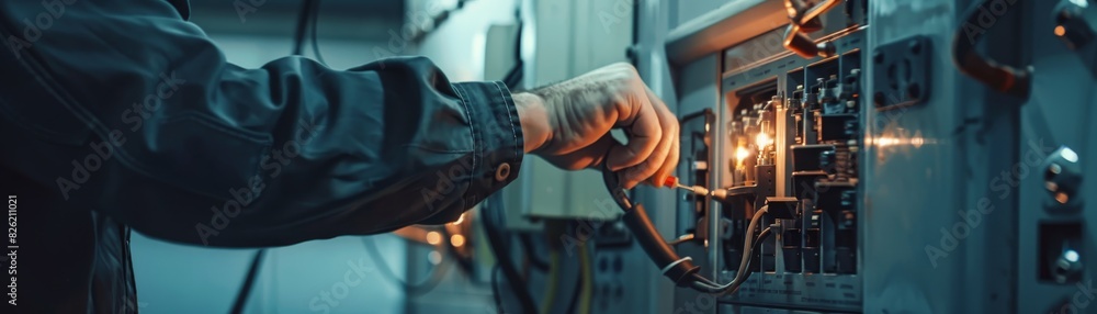 Poster technician working in a server room, connecting cables and maintaining network systems. concept of t