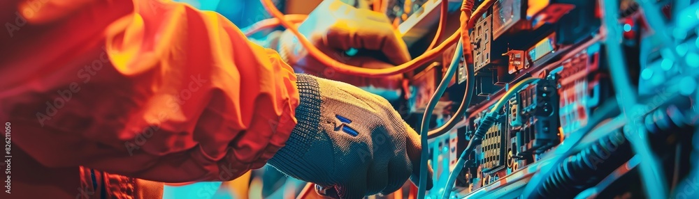 Poster technician working on a network server, configuring hardware connections. close-up of gloved hands i