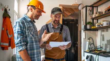 Two construction workers reviewing blueprints inside a modern home renovation project, discussing plans and wearing work gear and helmets.