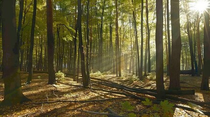 Obraz premium The sun illuminates the trees in a wooded area with fallen leaves scattered on the ground