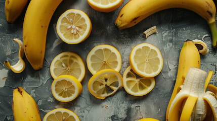 Bananas and slices of lemon on the table top view