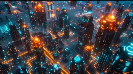 The city of the future with neon lights and flying cars.