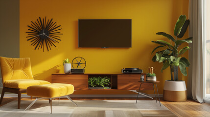Modern mid-century TV lounge, mustard yellow accent wall, classic walnut credenza with turntable, plush velvet armchair with ottoman, 