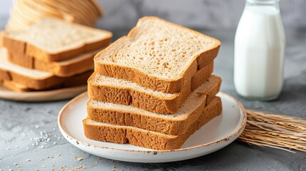a stack of sliced brown bread on a plate alongside a milk bottle, set against a grey background for a sleek and simple aesthetic.