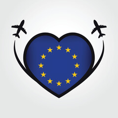 European Travel Heart Flag With Airplane Icons