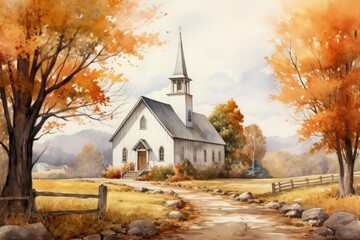 Peaceful rural chapel depicted by an evocative watercolor scene featuring a quaint country church and a large tree with fall foliage, representing tranquility and spiritual solace