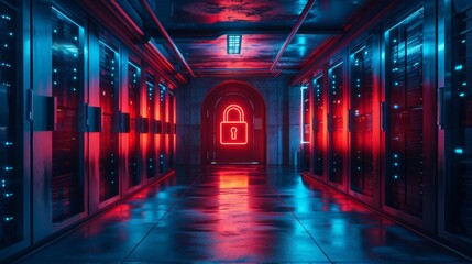 Secure Data Center with Neon Lock Sign
