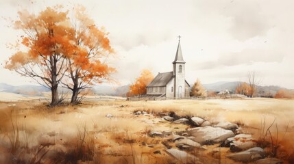 Autumnal church setting shown by a charming depiction of a small, weathered church amidst an autumn field, with soft watercolor tones highlighting the serenity and timelessness of rural faith