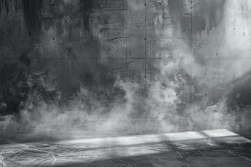 Black and white image capturing rays of light and smoke in a dark, textured room