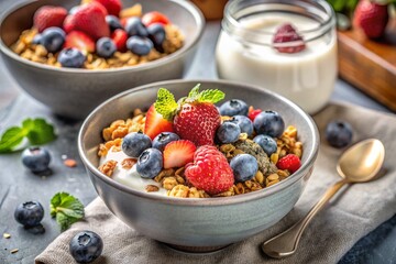 A bowl with homemade yogurt, muesli, berries and nuts. Healthy and delicious breakfast. Good morning to the day.