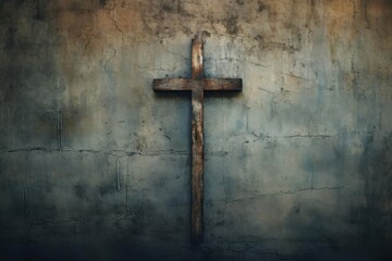 Antique faith representation shown by a solitary cross on a distressed, old wall background, representing ancient spiritual beliefs and resilience