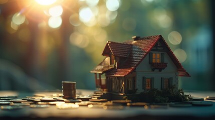 Small model house on a pile of coins with blurred background. Concept of property investment, real estate market, and financial growth.