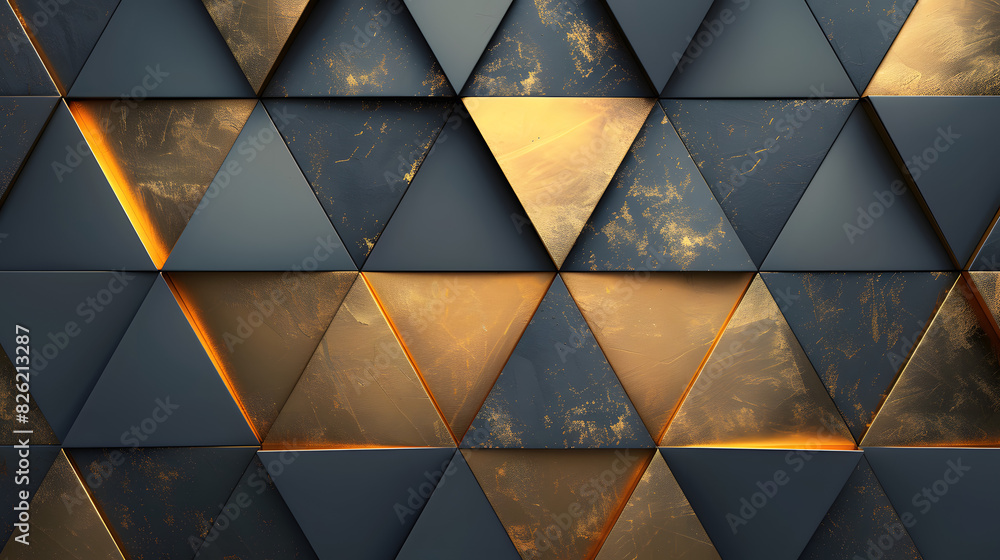 Poster showcase the intersection of modernism and luxury with abstract gold triangle shapes and sleek golde