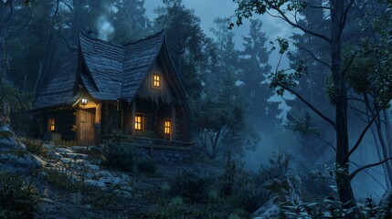 A cozy cabin nestled in the misty woods, illuminated by warm lights.