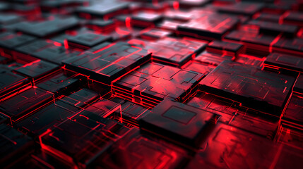 Showcase an abstract red matrix of metallic shapes with intersecting black cyber geometric lines