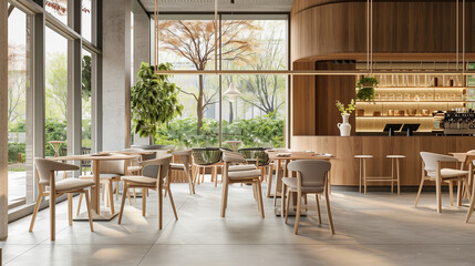 Obraz premium Modern Scandinavian bistro, clean aesthetic, light wood finishes, ergonomic seating, nature-themed decor, and ambient lighting. Calm and contemporary