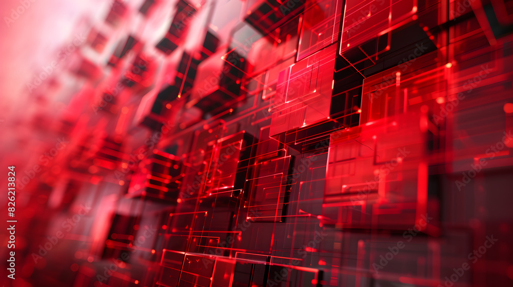 Poster showcase an abstract red matrix of metallic shapes with intersecting black cyber geometric lines