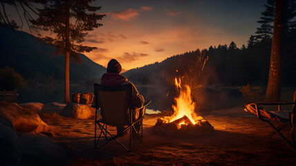 Man sitting by a bonfire, relaxing and enjoying the serene nature view by the river, surrounded by mountains and a lake, on a peaceful camping trip.