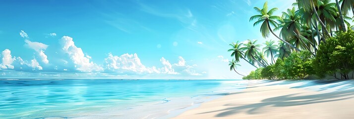 Tranquil Beach Scene, A deserted beach with calm turquoise water, white sand, and palm trees swaying in the breeze