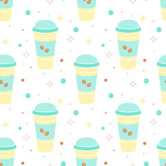 Paper or plastic cup with drink and coffee beans on  background of colored confetti and stars, seamless pattern.