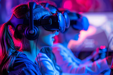 Kids participating in a virtual reality gaming competition, with immersive VR headsets and dynamic virtual environments