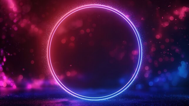 Glowing neon circle on dark background with colorful mist and sparkles around it.