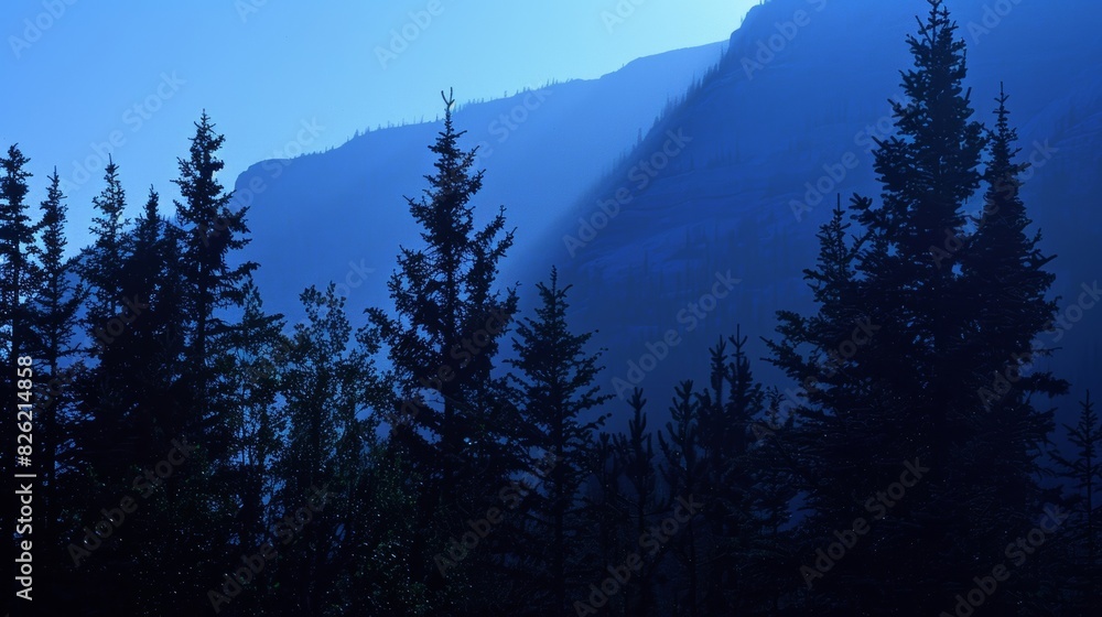 Aufkleber a surreal sight of a mountains shadow looming over a grove of trees creating a stark contrast.