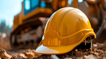 Present a close-up image of a yellow safety helmet against the backdrop of construction equipment, emphasizing its role as a protector of progress