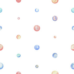 Water bubbles. Watercolor illustration hand drawn with pastel colors turquoise, blue, mint, coral. Seamless simple pattern children's