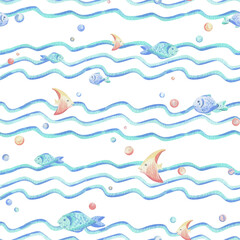Sea waves, various fish and bubbles. Hand drawn watercolor illustration in blue and coral colors. Seamless pattern, childish, cute, gentle, simple for textiles and nursery decoration.
