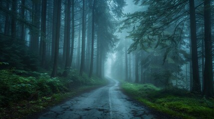 The photo shows a road in a misty forest with tall tress and green bushes on the side.