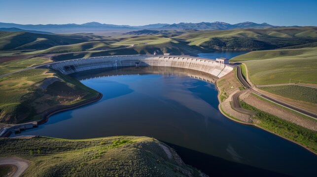 From above the dam looks like a monolithic structure its purposeful lines and curves blending seamlessly with the land.