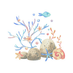 Sea corals, algae, shells, starfish, fish, bubbles. Watercolor illustration hand drawn in coral, turquoise and blue colors. Composition isolated from the background