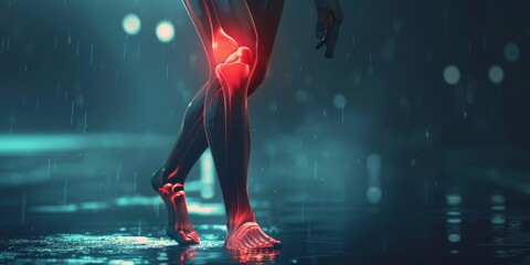Medical banner. Digital bone on the human foot. Man suffering from knee pain. Injury caused by training. Tendon problems. 