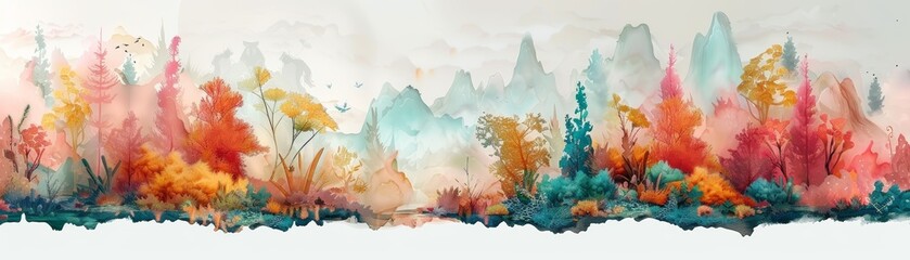 The image shows colorful watercolor painting of a forest with blue mountains in the background.