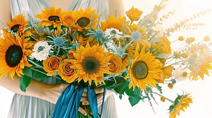  A woman holds a sunflower bouquet, adorned with blue ribbons on her waist and waist