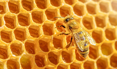 Macro working bees on honeycombs. Beekeeping and honey production. eco concept