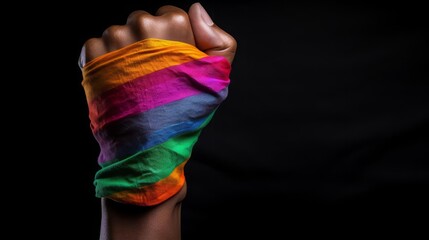 A powerful hand gripping the vibrant rainbow flag against a dark background, symbolizing LGBTQ pride, empowerment, and the fight for equality