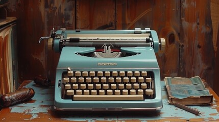 Vintage Typewriter on Rustic Desk with Books and Pens