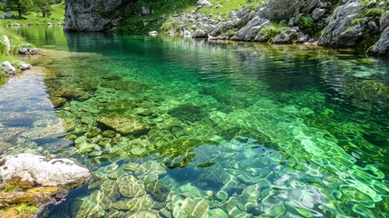 Fototapeta premium a river with clear water surrounded by rocks
