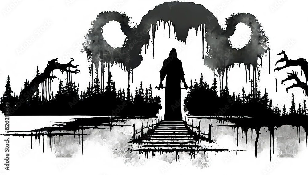 Aufkleber artistic monochrome depiction of a ghostly figure on a bridge in a swamp, with spooky trees and mist