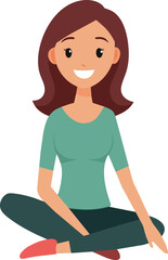 a cartoon woman with a green shirt on sitting on a white background.