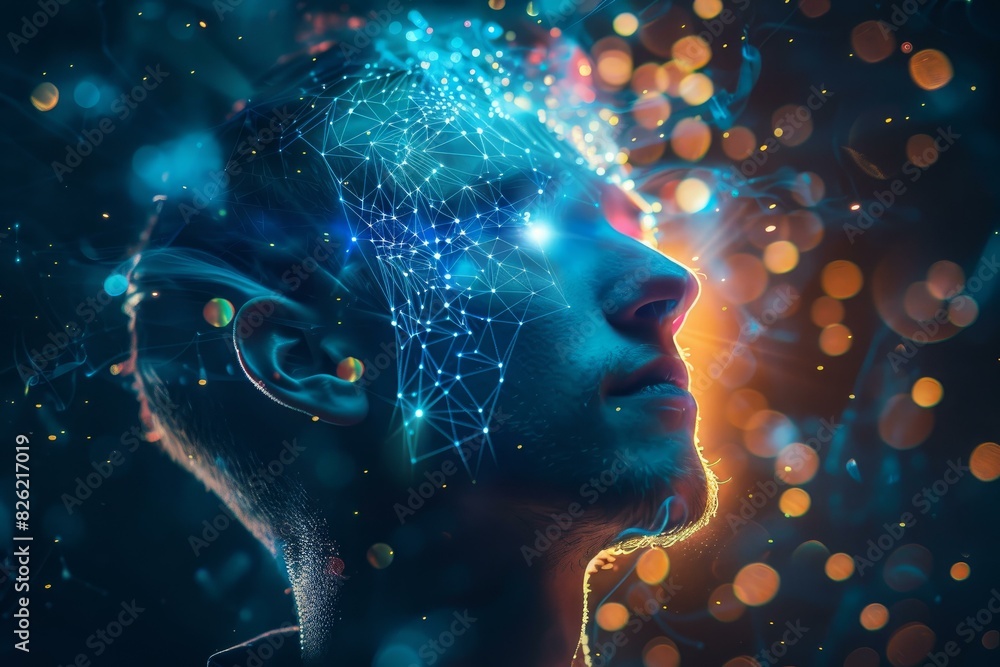 Poster artistic concept of a man's profile with glowing digital neural network overlay, symbolizing ai and 