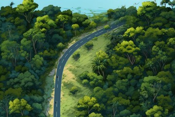 asphalt road in summer jungle landscape view from above illustration