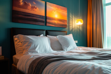 A luxurious modern bedroom in teal with soft orange accents and sunset pictures expressing peace, tranquility and serenity vibe